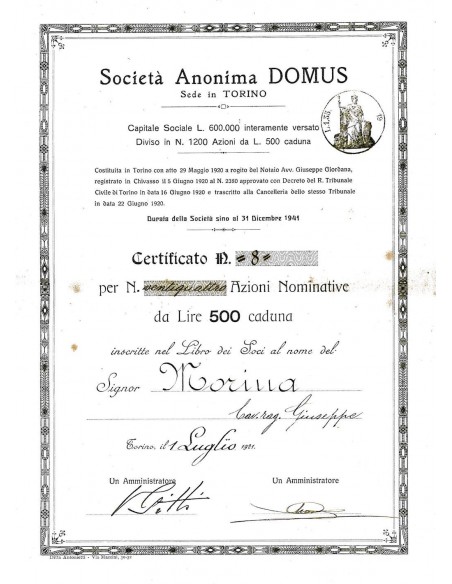 1921 - DOMUS SOC. ANONIMA - SEDE IN TORINO