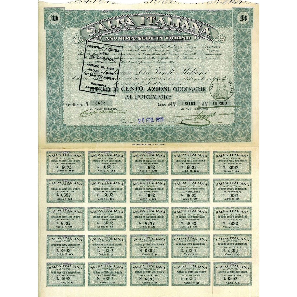 1929 - SALPA ITALIANA (100 AZIONI) - TORINO