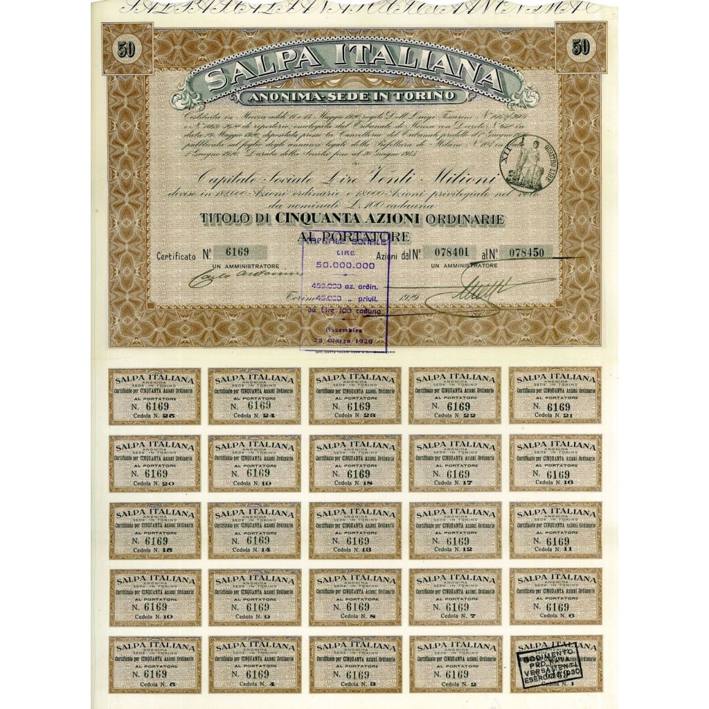 1929 - SALPA ITALIANA (50 AZIONI) - TORINO