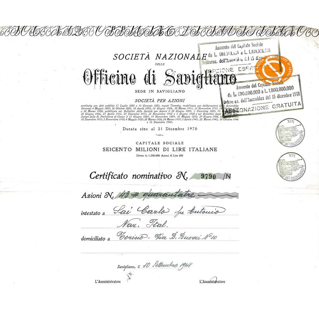 1948 - OFFICINE DI SAVIGLIANO SOC. NAZIONALE DELLE