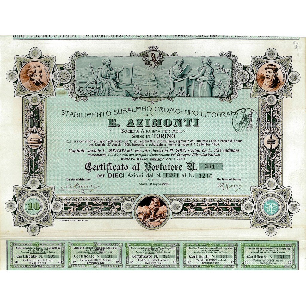 1906 - E. AZIMONTI - STABIL. SUBALPINO CROMO-TIPO-LITOGRAFICO GIA'