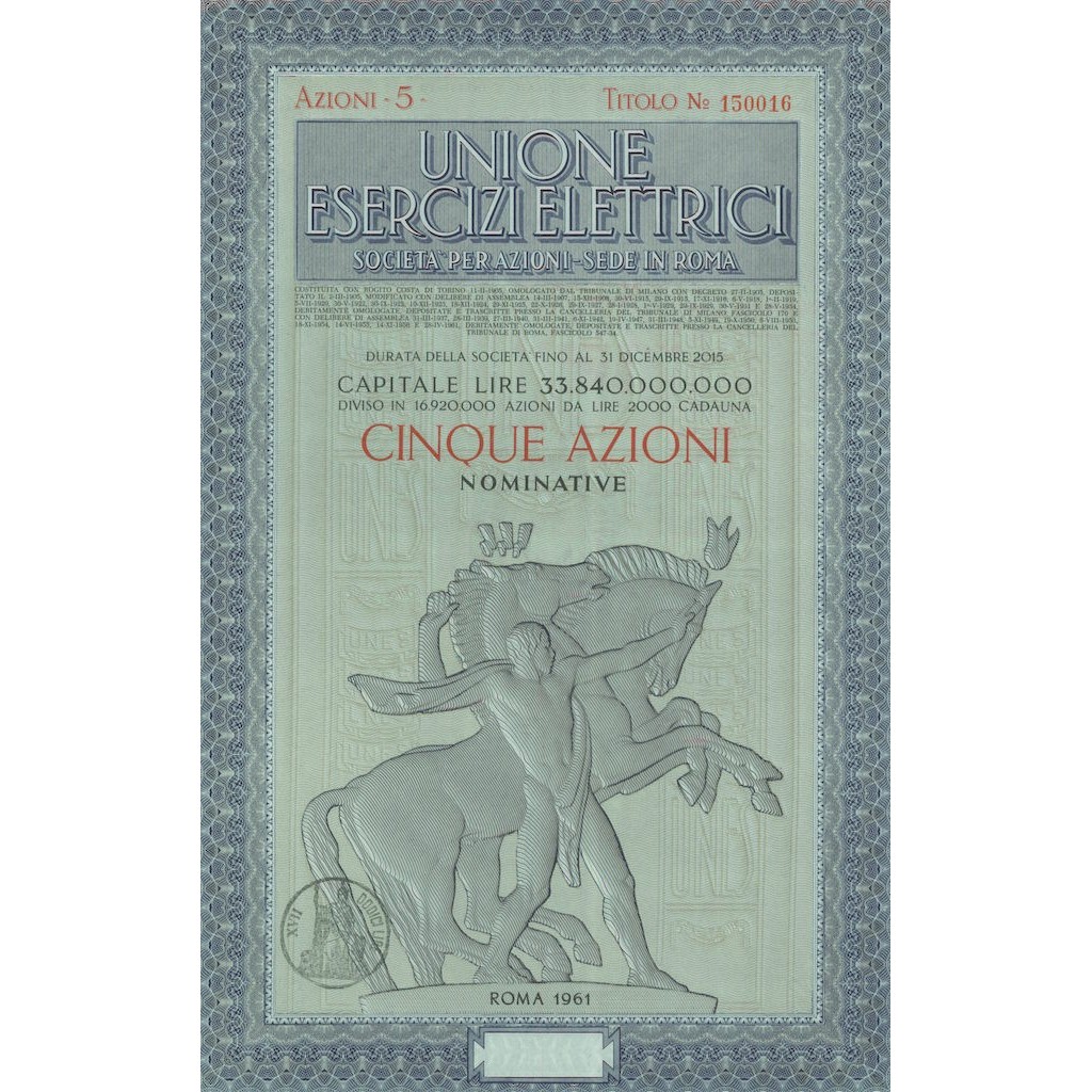 UNIONE ESERCIZI ELETTRICI - 5 AZIONI - ROMA 1961