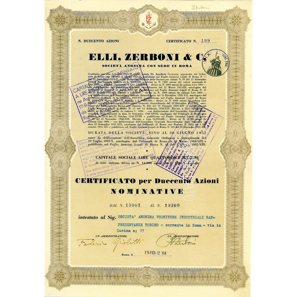 1942 - ELLI, ZERBONI E C. SOC. ANON. CON SEDE...