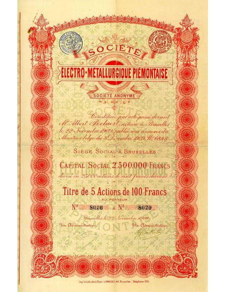 1909 - ELECTRO-METALLURGIQUE PIEMONTAISE SOC.
