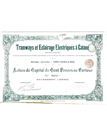 1904 - TRAMWAYS ET ECLAIRAGE ELECTRIQUES A CATANE Azione da 100 Frs.