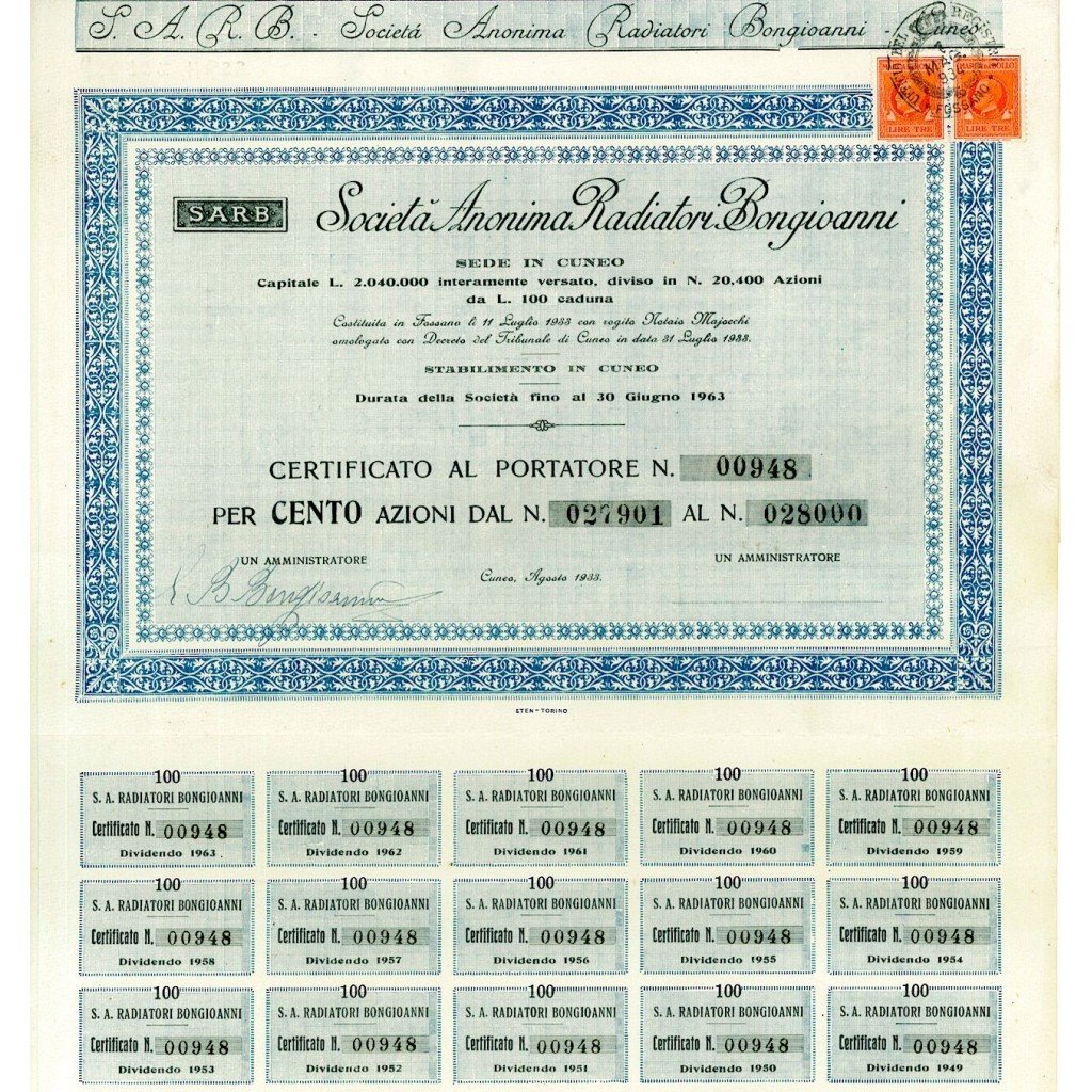 1933 - RADIATORI BONGIOANNI SOC. ANON. - CUNEO