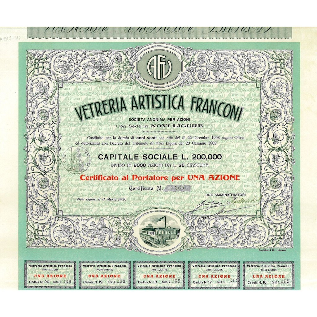 1909 - VETRERIA ARTISTICA FRANCONI (1 AZIONE) - NOVI LIGURE