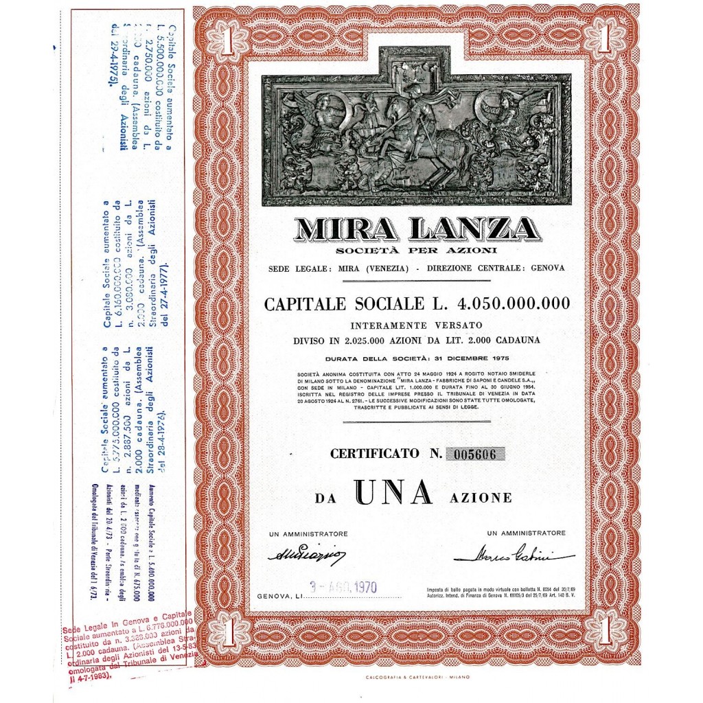 1970 - MIRA LANZA SPA (1 AZIONE) - GENOVA