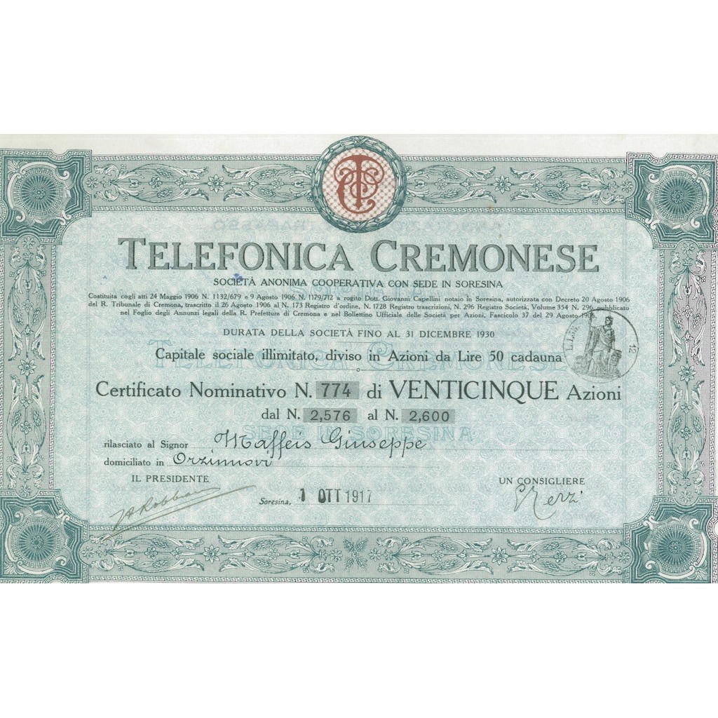 TELEFONICA CREMONESE - 25 AZIONI SORESINA 1917