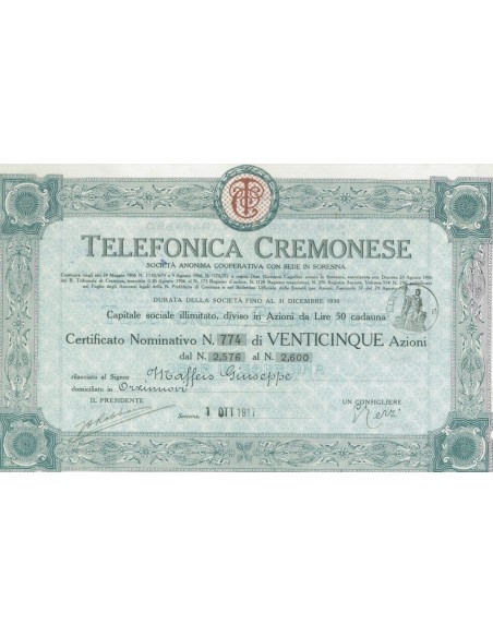 TELEFONICA CREMONESE - 25 AZIONI SORESINA 1917