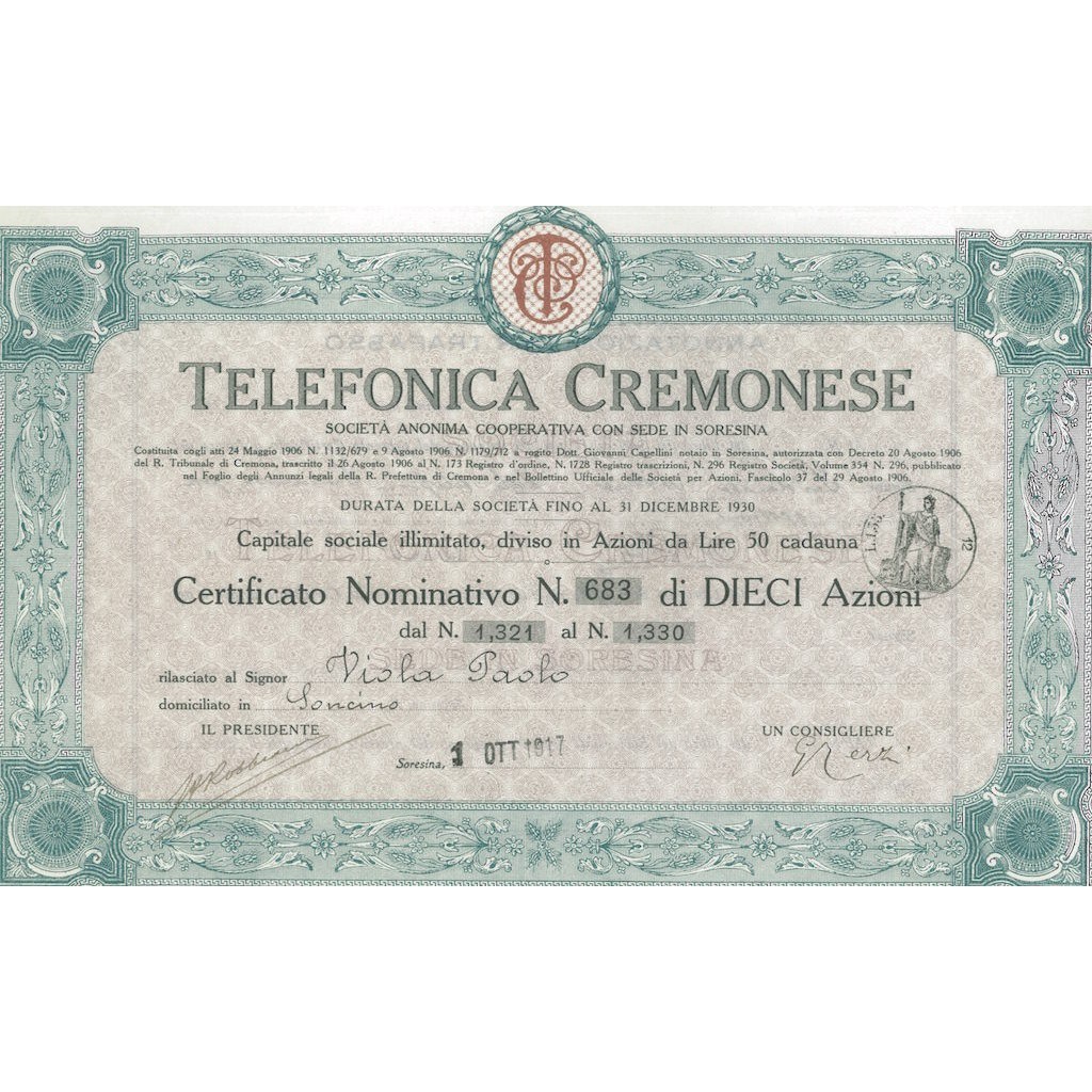 TELEFONICA CREMONESE - 10 AZIONI SORESINA 1917