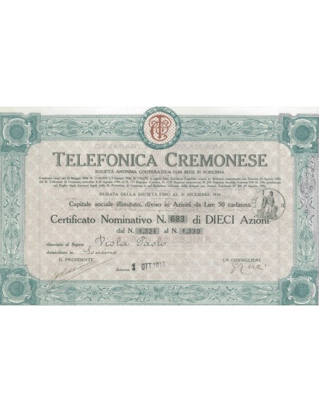 TELEFONICA CREMONESE - 10 AZIONI SORESINA 1917