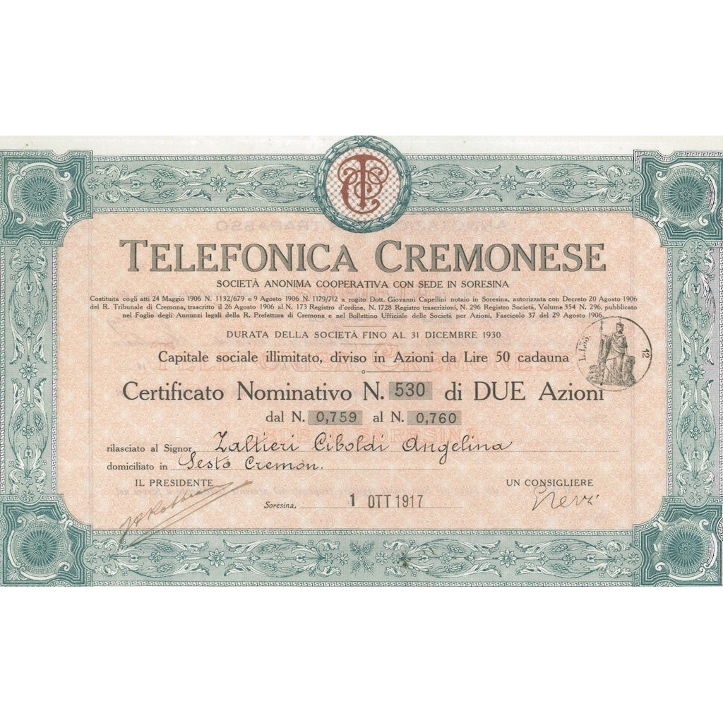 TELEFONICA CREMONESE - 2 AZIONI SORESINA 1917