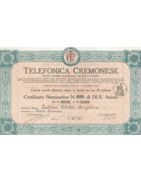 TELEFONICA CREMONESE - 2 AZIONI SORESINA 1917