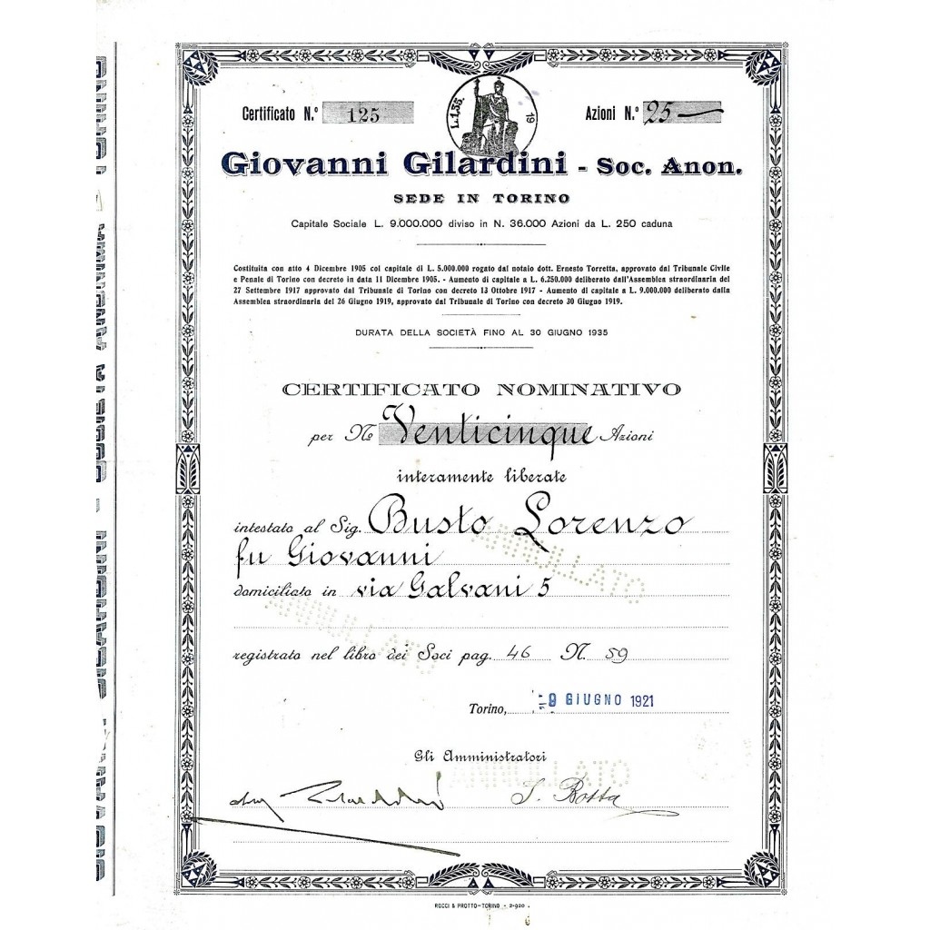 1921 - GIOVANNI GILARDINI SOC. ANON.