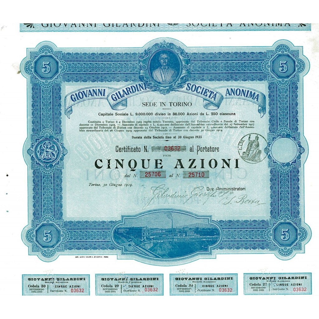 1919 - GIOVANNI GILARDINI SOC. ANON. - 5 AZIONI