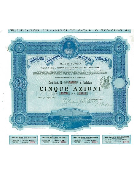 1919 - GIOVANNI GILARDINI SOC. ANON. - 5 AZIONI