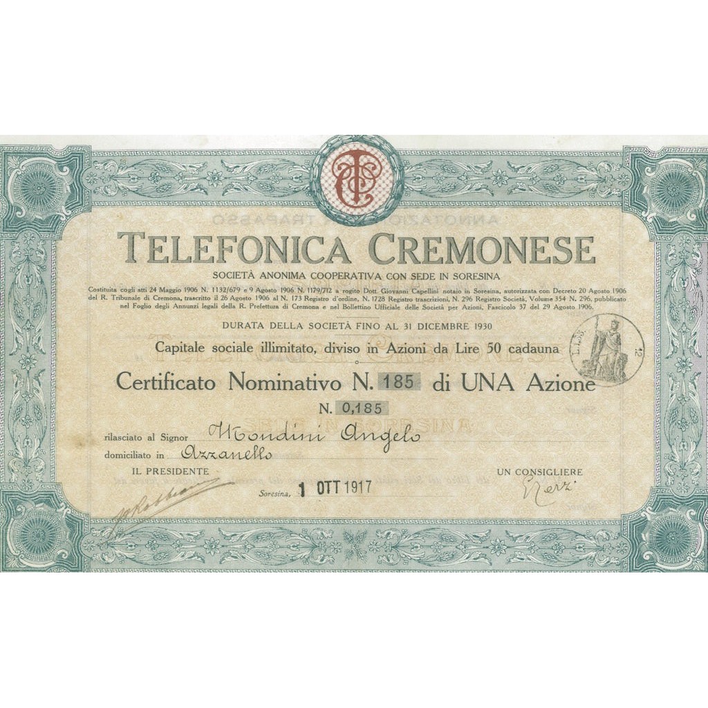 TELEFONICA CREMONESE - 1 AZIONE SORESINA 1917