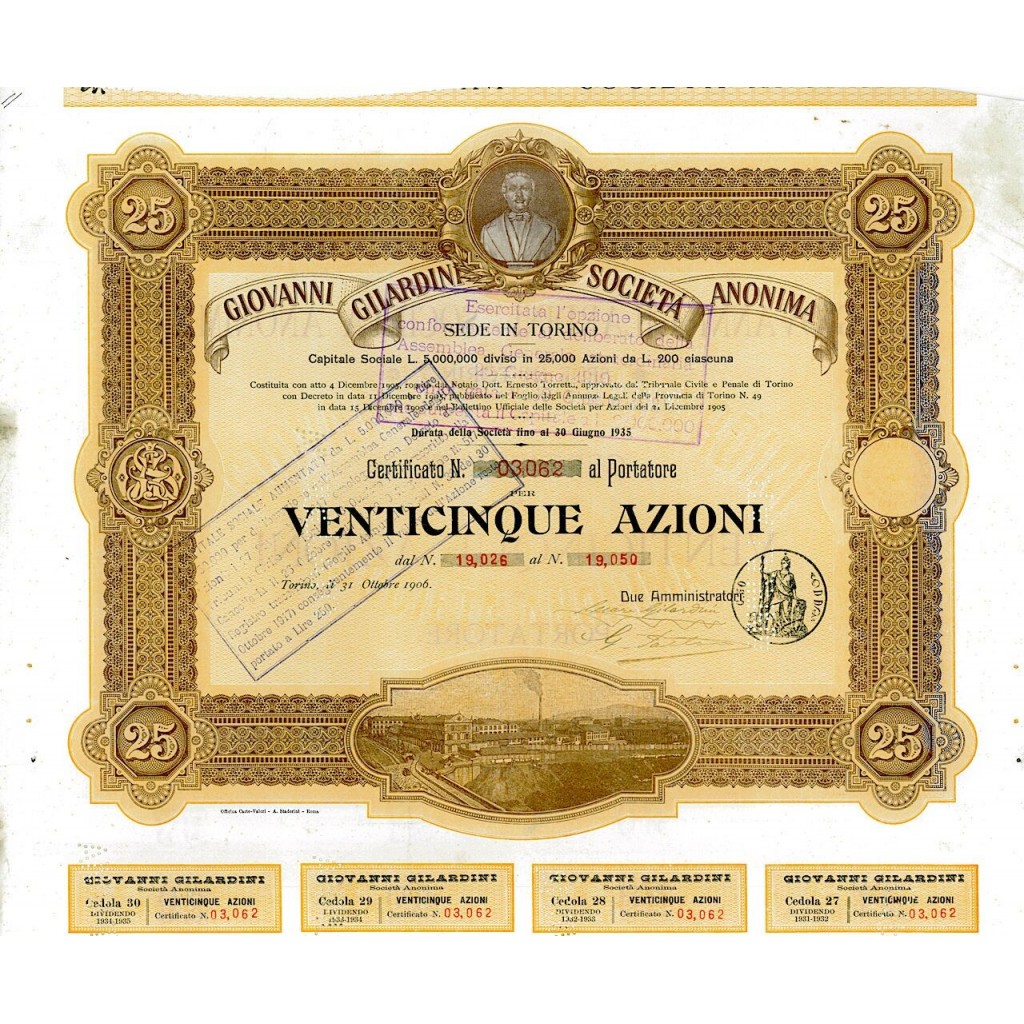 1906 - GIOVANNI GILARDINI SOC. ANON. (25 AZIONI) - TORINO