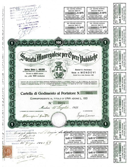 1925 - MONREGALESE PER OPERE PUBBLICHE SOC. (1 AZIONE) - MONDOVI'