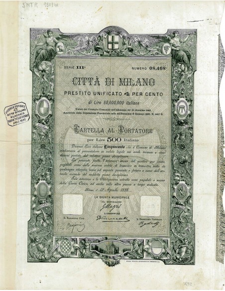 1886 - CITTA' DI MILANO - PRESTITO UNIFICATO 4 PER CENTO