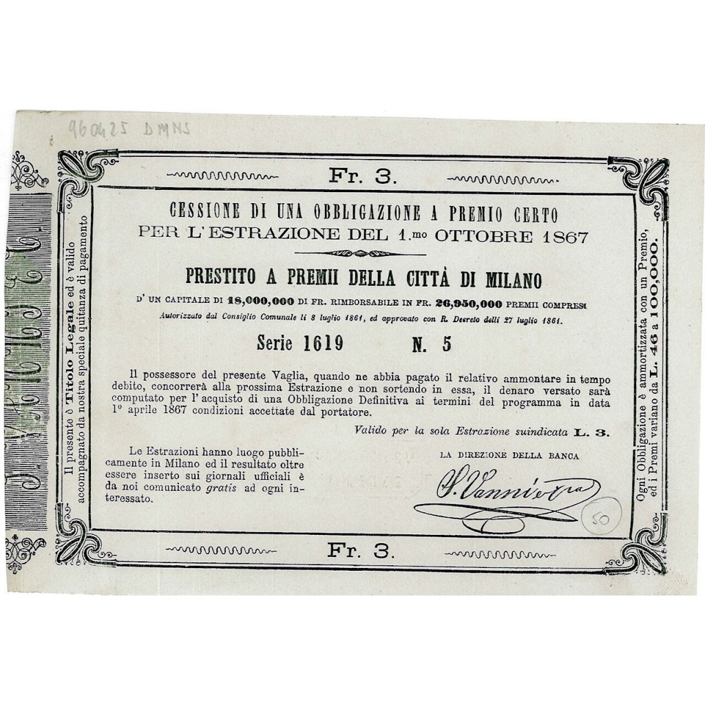 1867 - PRESTITO A PREMII DELLA CITTA' DI MILANO
