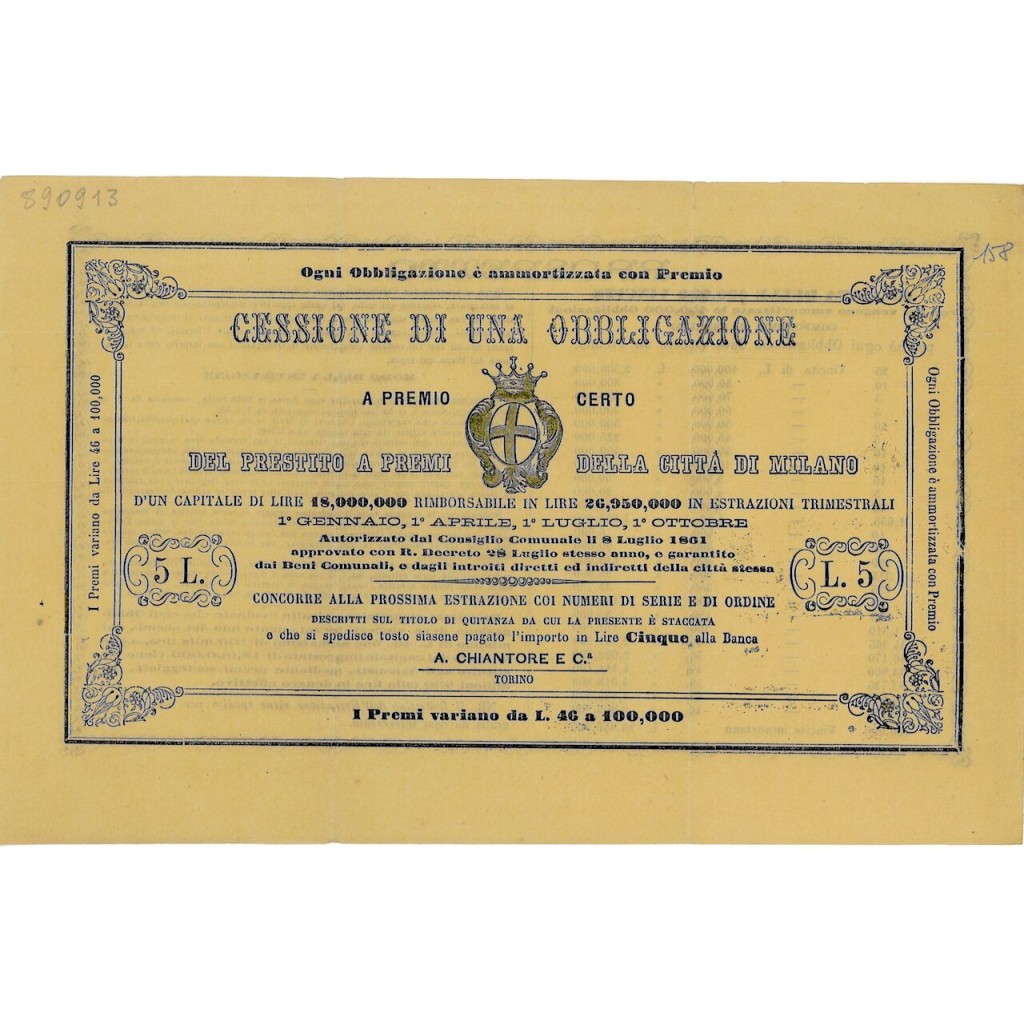 1861 - CESSIONE DI UNA OBBLIGAZIONE A PR. CERTO...