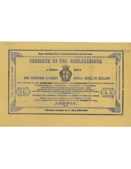 1861 - CESSIONE DI UNA OBBLIGAZIONE A PR. CERTO DEL PRESTITO A PREMI DELLA CITTA' DI MILANO