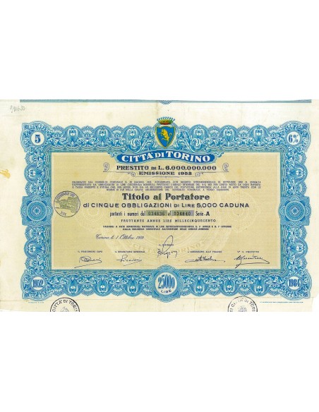 1952 - CITTA' DI TORINO - 5 OBBLIGAZIONI - EMISSIONE 1952