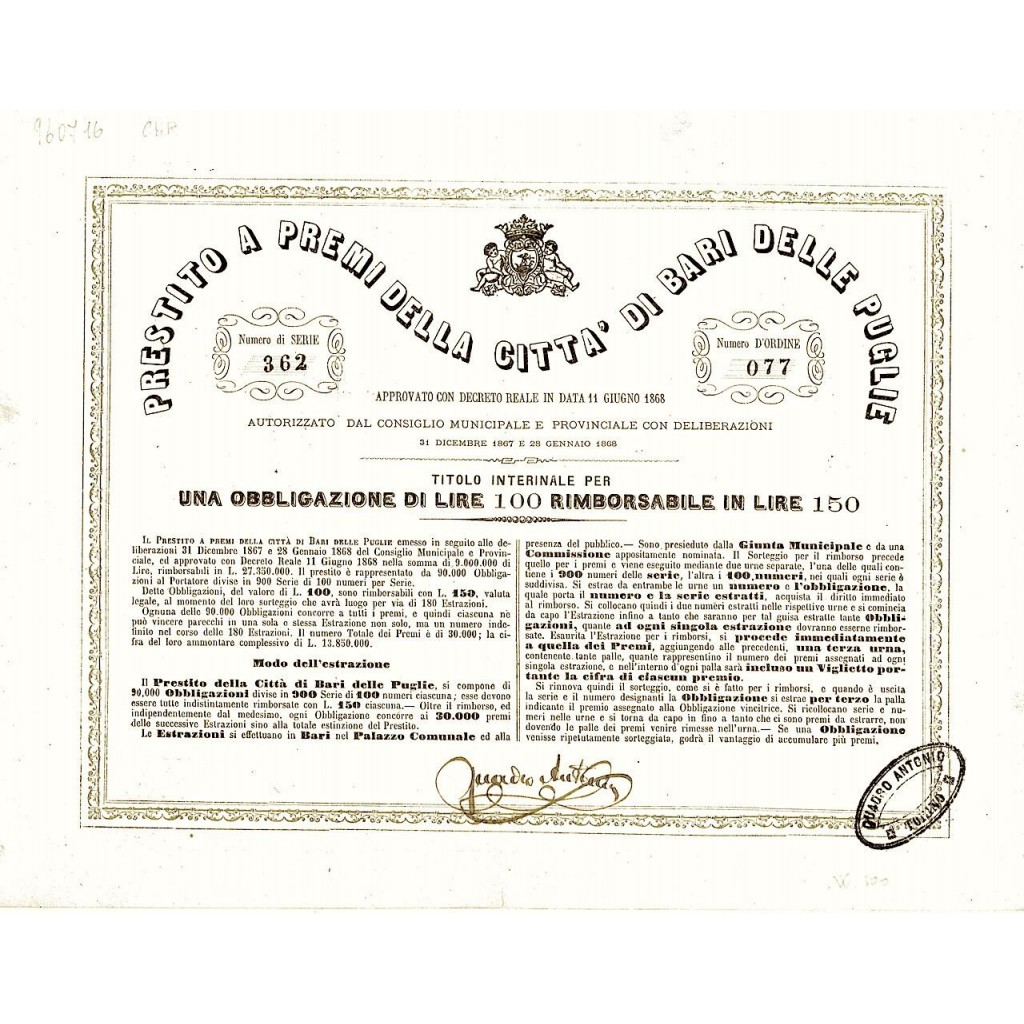 1868 - PRESTITO A PREMI DELLA CITTA' DI BARI...
