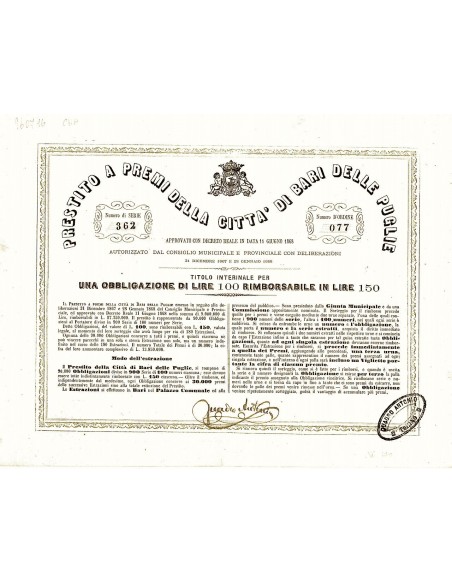 1868 - PRESTITO A PREMI DELLA CITTA' DI BARI DELLE PUGLIE