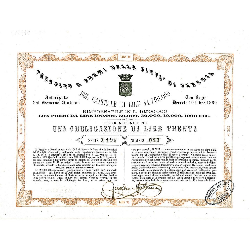 1869 - PRESTITO A PREMI DELLA CITTA' DI VENEZIA