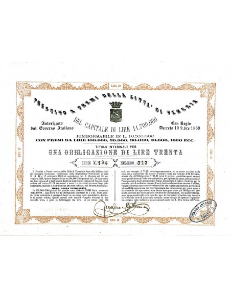 1869 - PRESTITO A PREMI DELLA CITTA' DI VENEZIA