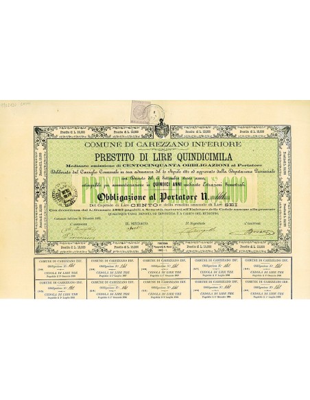 1882 - COMUNE DI CAREZZANO INFERIORE - PRESTITO DI LIRE QUINDICIMILA