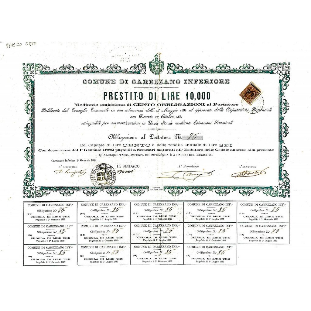 1882 - COMUNE DI CAREZZANO INFERIORE - PRESTITO DI LIRE 10000