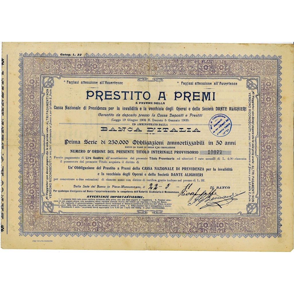 1911 - PRESTITO A PREMI A FAV. DELLA CASSA NAZ....