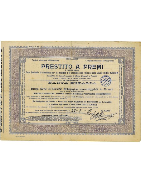 1911 - PRESTITO A PREMI A FAV. DELLA CASSA NAZ. PER LA SOC. DANTE ALIGHIERI