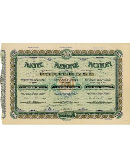 1909 - PORTOROSE PER IMPIANTO ED ESERCIZIO DI ALBERGHI STABILIMENTI DI CURA E BAGNI 1 AZIONE DA 200 CORONE - TRIESTE
