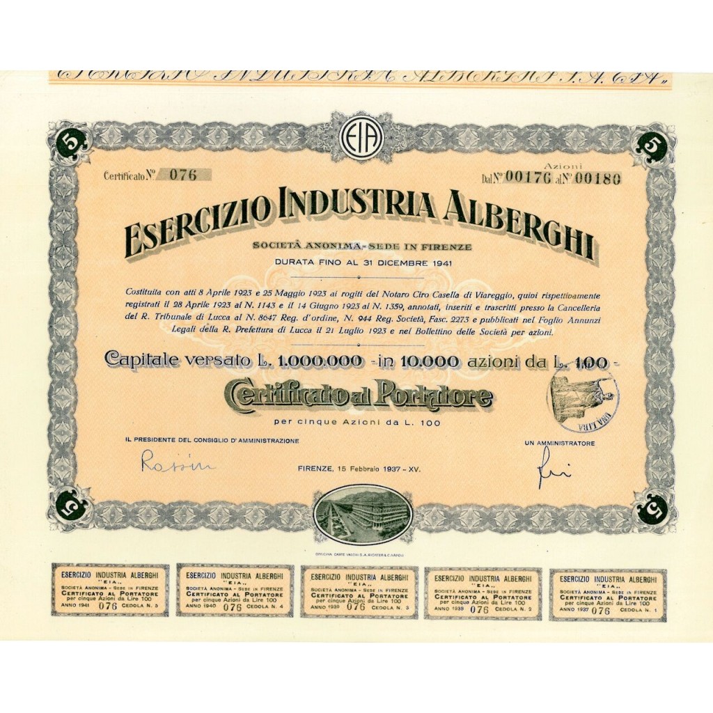1937 - ESERCIZIO INDUSTRIA ALBERGHI (5 AZIONI) - FIRENZE