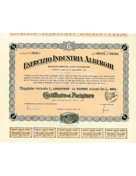 1937 - ESERCIZIO INDUSTRIA ALBERGHI (5 AZIONI) - FIRENZE