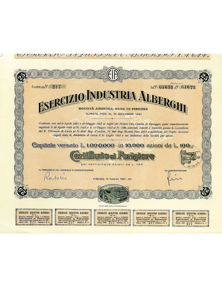 1937 - ESERCIZIO INDUSTRIA ALBERGHI (25 AZIONI) - FIRENZE