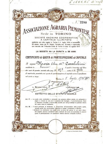 1938 - ASSOCIAZIONE AGRARIA PIEMONTESE - TORINO