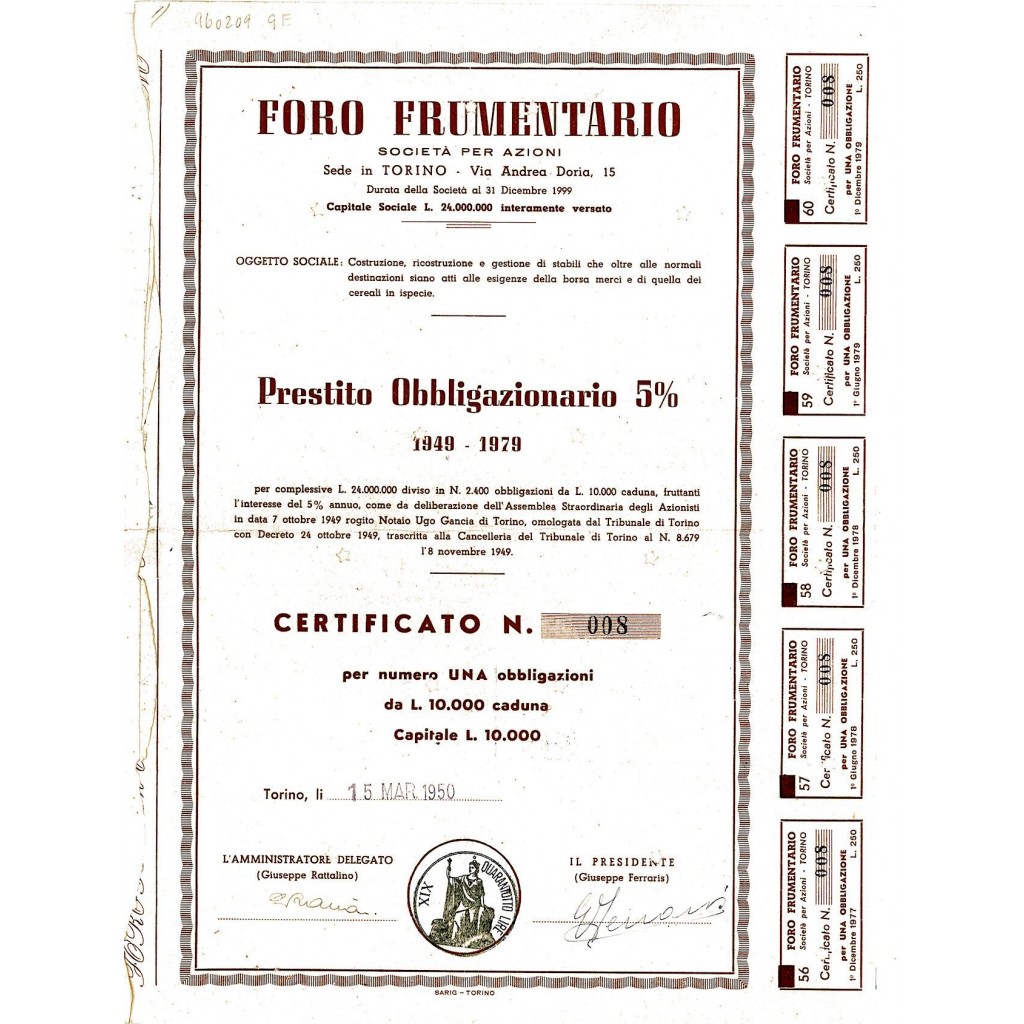 1950 - FORO FRUMENTARIO (1 OBBLIGAZIONE) -TORINO