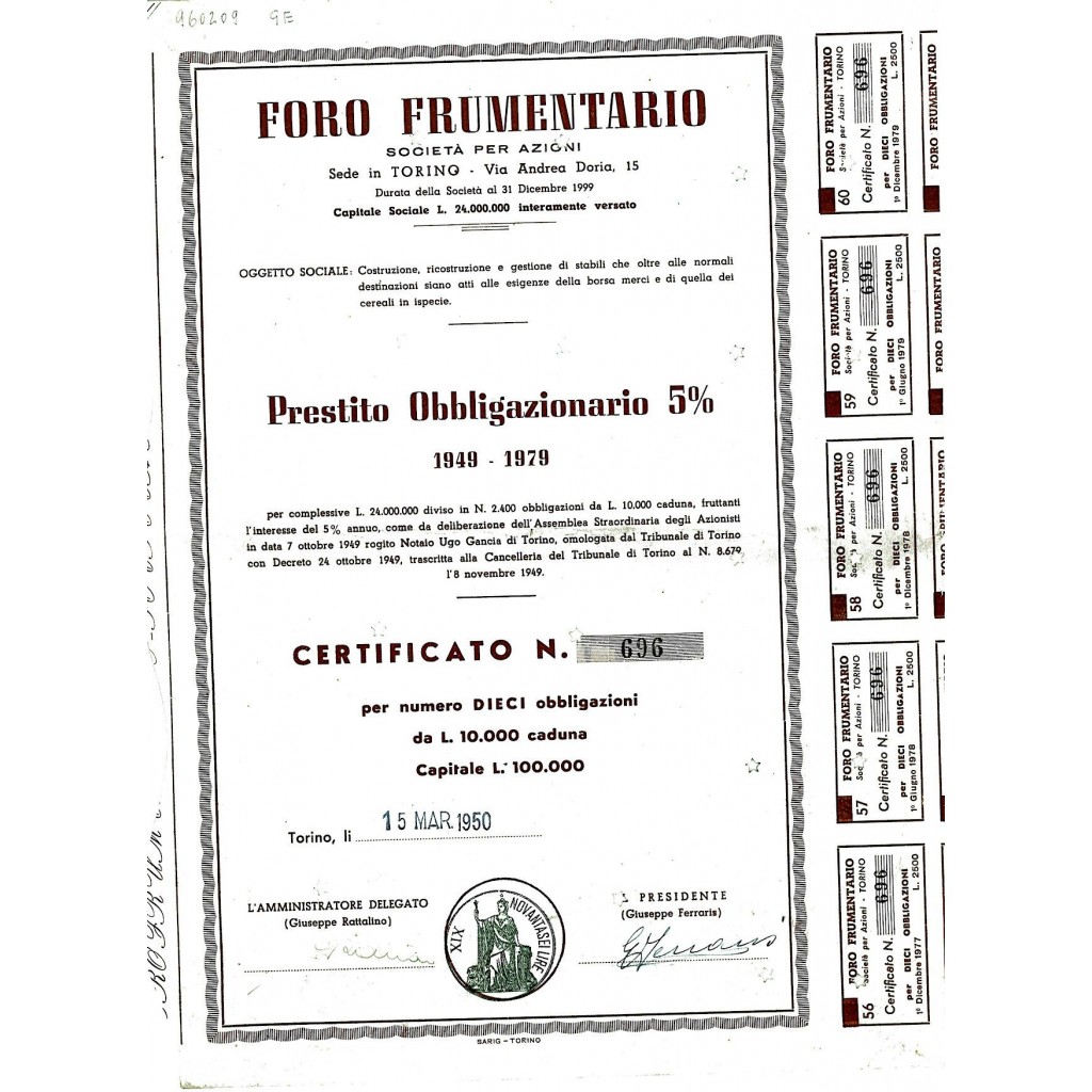 1950 - FORO FRUMENTARIO (10 OBBLIGAZIONI)