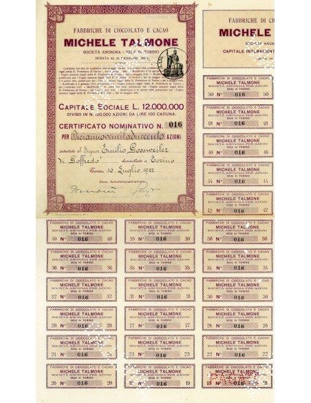 1922 - MICHELE TALMONE FABBRICHE DI CIOCCOLATO E CACAO - TORINO
