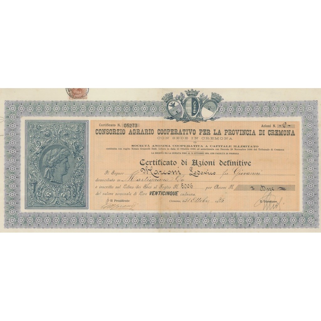 CONSORZIO AGRARIO COOP. PER LA PROVINCIA DI CREMONA 2 AZIONI - 1926