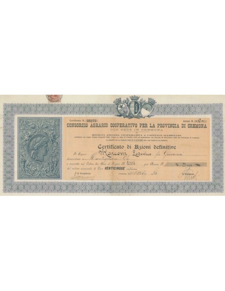 CONSORZIO AGRARIO COOP. PER LA PROVINCIA DI CREMONA 2 AZIONI - 1926