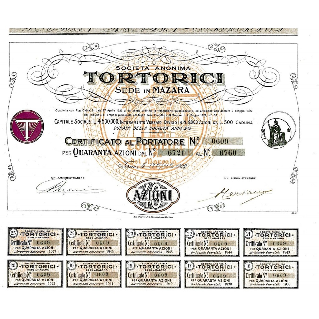 1922 - TORTORICI SOC. ANON. SEDE IN MAZARA - TORINO