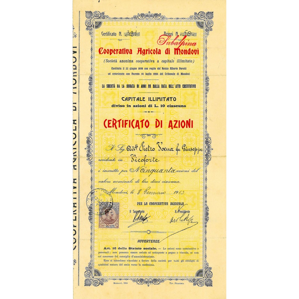 1913 - COOPERATIVA AGRICOLA DI MONDOVI'