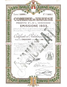 COMUNE DI VARESE SERIE QUINTA 1 OBBLIGAZIONE VARESE 1933